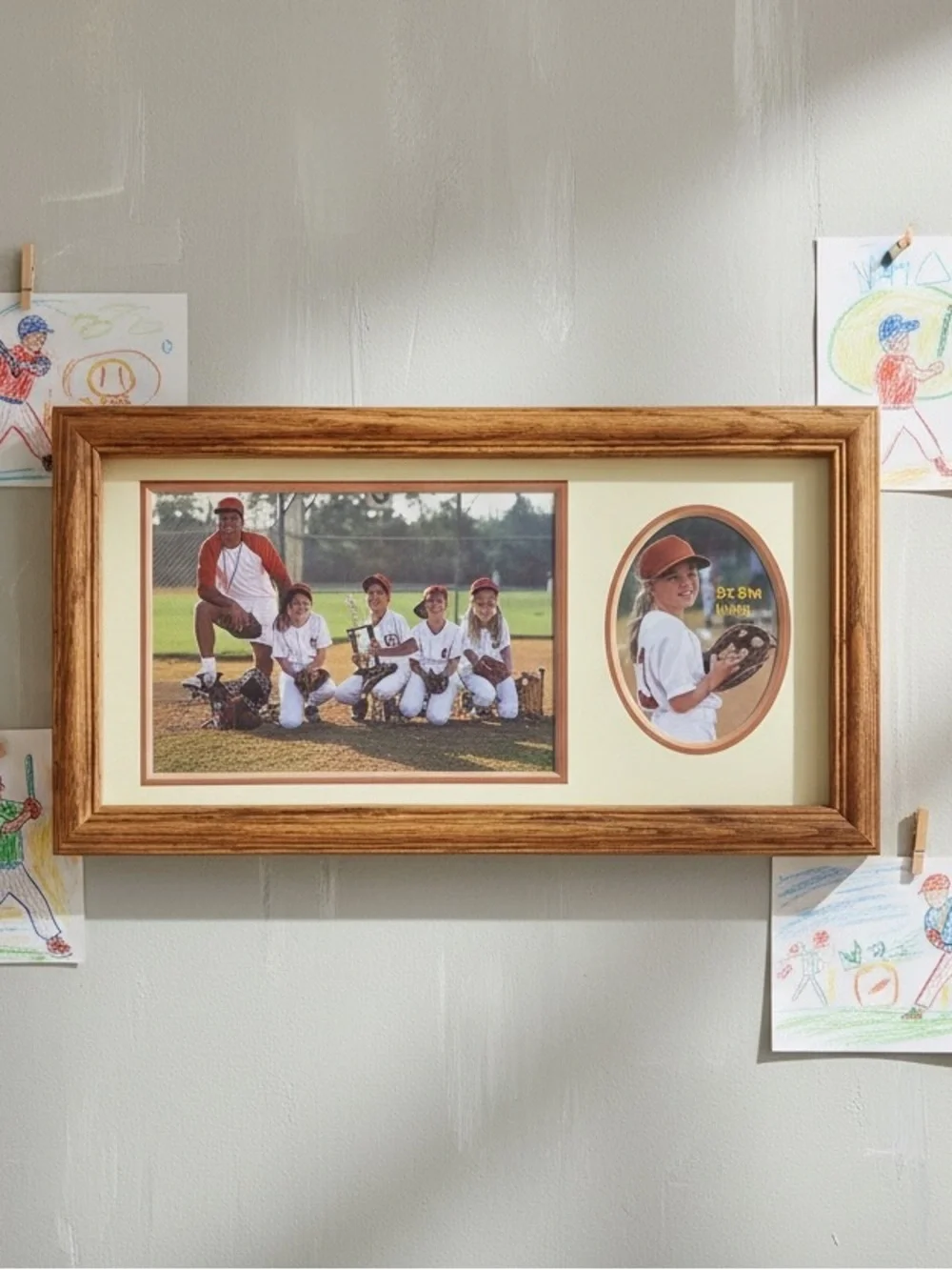 Vtg Solid Oak Wooden Photo Collage Picture Frame Sports Class Picture Frame 12x6